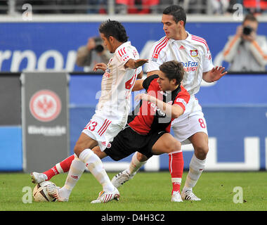 Leverkusen est Arturo Vidal (L) et Renato Augusto de Francfort et Markus Steinhoefer (C) vie de la balle pendant le match de Bundesliga contre l'Eintracht Francfort Bayer Leverkusen au Commerzbank-Arena à Francfort-sur-Main, Allemagne, 18 octobre 2008. Leverkusen a gagné 0-2. Photo : UWE ANSPACH (ATTENTION : EMBARGO SUR LES CONDITIONS ! Le LDF permet la poursuite de l'utilisation des images dans l'IPTV, Mobile se Banque D'Images