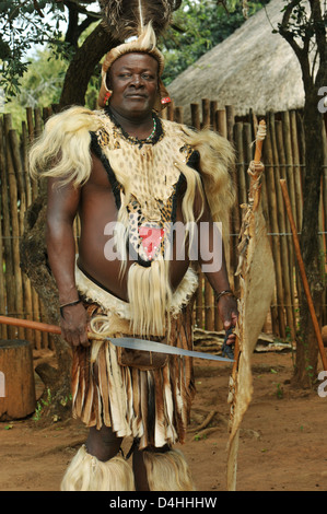 Personnes, chef de Zoulu, homme, tenue traditionnelle de cérémonie, lance et bouclier, Posant, village culturel, Shakaland, KwaZulu-Natal, Afrique du Sud, ethnique Banque D'Images