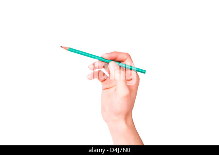 Homme de main avec un crayon écrit quelque chose d'isolé sur fond blanc Banque D'Images