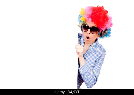 Clown féminin tenant le papier blanc vierge Banque D'Images