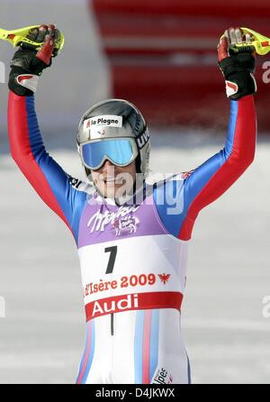 Le Français Julien Julien Lizeroux remporte réagit dans l'aire d'arrivée après la première exécution de la men ?s au cours de la compétition de slalom aux Championnats du Monde de Ski Alpin à Val d'Isère, France, 15 février 2009. Photo : Stephan Jansen Banque D'Images