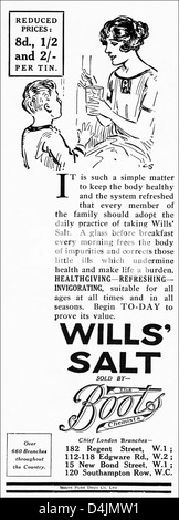 Période des années 1920 vintage publicité imprimer à partir de la publicité dans les magazines anglais WILLS SEL VENDU PAR LES CHIMISTES BOTTES Banque D'Images