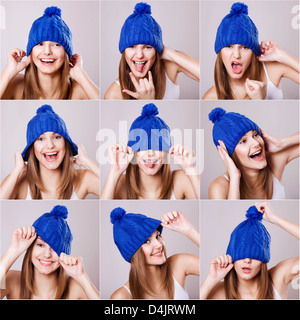 Collage of woman in a blue hat différentes expressions du visage Banque D'Images