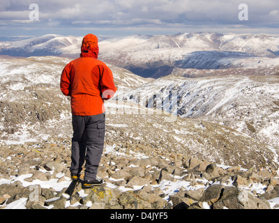 Une colline Walker sur le sommet de Scafell Pike, la plus haute montagne d'Angleterre, Lake District, UK, Banque D'Images