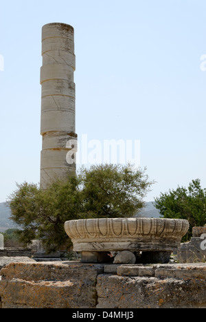 Iraion. Samos. La Grèce. La seule colonne de 10 mètres de haut parmi les ruines des fondations de l'une fois Grand Temple d'Hera. Banque D'Images