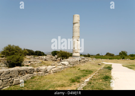 Iraion. Samos. La Grèce. La seule colonne de 10 mètres de haut parmi les ruines des fondations de l'une fois Grand Temple d'Hera. Banque D'Images