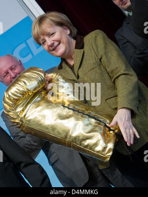 Grimmen, Allemagne. 16 mars 2013. La chancelière allemande, Angela Merkel, est titulaire d'un gant de boxe d'or géant au cours de la réunion les représentants du Parti chrétien démocrate, la CDU en Grimmen, Allemagne, 16 mars 2013. Dans le dos, membre du Bundestag CDU Eckhardt Rehberg (L) est vu. Merkel a été élu à l'unanimité le candidat de tête de Mecklembourg Poméranie CDU. Elle a reçu l'ensemble des 113 voix. Photo : STEFAN SAUER/Alamy Live News Banque D'Images