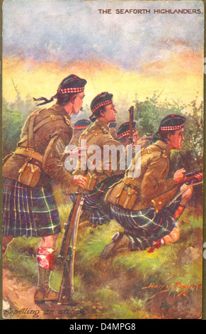 La Première Guerre mondiale Carte postale montrant les Seaforth Highlanders par artiste Harry Payne. Banque D'Images