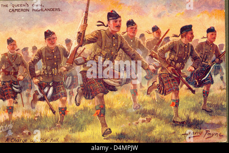 La Première Guerre mondiale Carte postale montrant le Queen's Own Cameron Highlanders par artiste Harry Payne. Banque D'Images