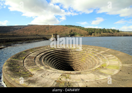 Ladybower Reservoir High Peak Derbyshire montrant les puits et de l'Est et l'Ouest Soutirage De Towers le long de la façade du barrage Banque D'Images