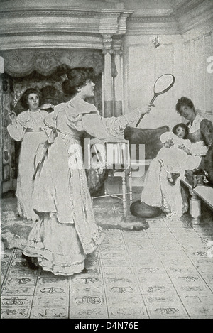 Battledore et volant (montré ici dans earl y Années 1900)est un jeu similaire à ce que nous connaissons aujourd'hui comme le badminton. Banque D'Images