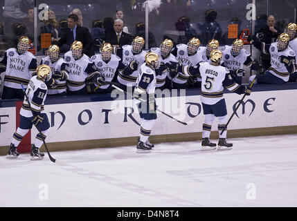 16 mars 2013 - South Bend, Indiana, États-Unis d'Amérique - 16 mars 2013 : Notre Dame les joueurs célèbrent but pendant le match de hockey NCAA entre l'action de Notre Dame Fighting Irish et les Falcons de Bowling Green à Compton Famille Ice Arena à South Bend, Indiana. Notre Dame défait Bowling Green 4-3. Banque D'Images