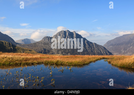 Tryfan Mt face est la montagne à travers Nant yr Ogof boggy avec piscine dans les hautes terres du Parc National de Snowdonia au nord du Pays de Galles Conwy UK Grande-Bretagne Banque D'Images