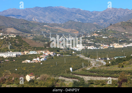 Une vallée avec des arbres fruitiers à Almuñecar, Espagne Banque D'Images