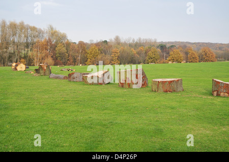 Arbre de coupe sciage établi à travers l'espace ouvert vert dans un parc. Banque D'Images