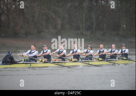 UK. 17 mars, 2013. Oxford University Boat Club (OUBC) contre un dispositif de huit allemand. Oxford Bleu Bateau équipage :- , B : Patrick Close, 2 : Geordie Macleod, 3 : Alex Davidson, 4 : Sam O'Connor, 5 : Paul Bennett, 6 : Karl Hudspith, 7 : Constantine Louloudis, S : Malcolm Howard, C : Oskar Zorrilla huit allemand équipage :- , B : Toni Seifert - Jeux Olympiques de Londres de 2012, M4- (6ème), 2 : Felix Wimberger - 2012 Championnats du Monde U23, M8 + (argent), 3 : Maximilian Reinelt - Jeux Olympiques de Londres de 2012, M8 + (or), 4 : Felix Drahotta - Jeux Olympiques de Londres de 2012, M2- (7e), 5 : Anton Braun - Jeux Olympiques de Londres de 2012, M2- (7e), 6 : Kristof Wi Banque D'Images