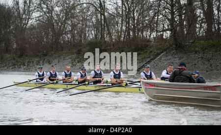 UK. 17 mars, 2013. Oxford University Boat Club (OUBC) contre un dispositif de huit allemand. Oxford Bleu Bateau équipage :- , B : Patrick Close, 2 : Geordie Macleod, 3 : Alex Davidson, 4 : Sam O'Connor, 5 : Paul Bennett, 6 : Karl Hudspith, 7 : Constantine Louloudis, S : Malcolm Howard, C : Oskar Zorrilla huit allemand équipage :- , B : Toni Seifert - Jeux Olympiques de Londres de 2012, M4- (6ème), 2 : Felix Wimberger - 2012 Championnats du Monde U23, M8 + (argent), 3 : Maximilian Reinelt - Jeux Olympiques de Londres de 2012, M8 + (or), 4 : Felix Drahotta - Jeux Olympiques de Londres de 2012, M2- (7e), 5 : Anton Braun - Jeux Olympiques de Londres de 2012, M2- (7e), 6 : Kristof Wi Banque D'Images