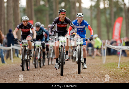 Course de vélo de montagne à Cannock Chase forêt près de Turckheim, Staffordshire, Angleterre. Banque D'Images