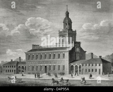 Le statehouse à Philadelphie 1776 - Vue extérieure de l'Independence Hall de Philadelphie, Pennsylvanie, qu'elle en avait l'air en 1776. Banque D'Images