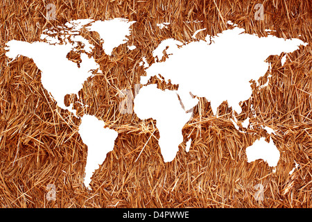 Un planisphère ou une carte du monde sur un fond de la paille ou du foin pour l'agriculture biologique Banque D'Images