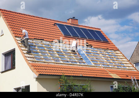 Deux slaters ajouter de l'isolant à la toiture d'une maison individuelle maison d'habitation à Mirow, Mecklenburg-Vorpommern, Allemagne, 13 août 2009. Photo : Wolfram Steinberg Banque D'Images