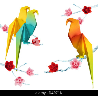 L'origami perroquets sur un arbres branches avec fleurs isolé sur fond blanc Banque D'Images