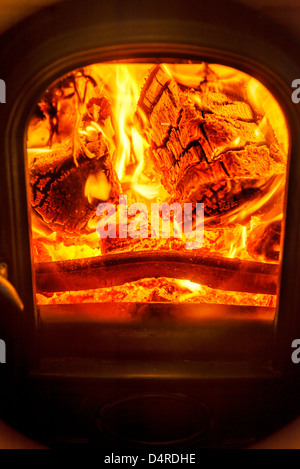 Poêle à bois fire flames de sciage Banque D'Images