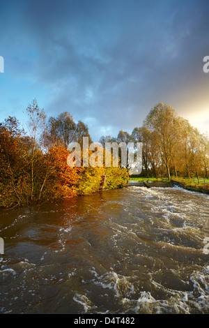 Weir dans la rivière Waveney à Mendham, Suffolk, à l'automne Banque D'Images