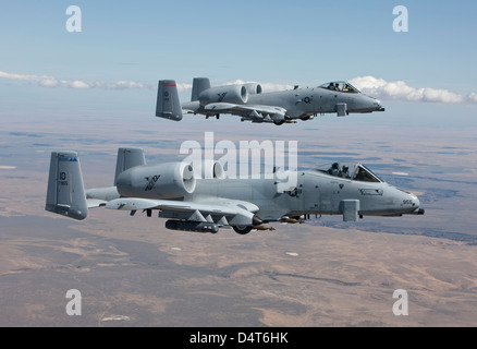 Deux A-10 Thunderbolt's à partir de la 124e Escadre de chasse de survoler la Saylor Creek secteur de bombardement dans le centre de l'Idaho. Banque D'Images