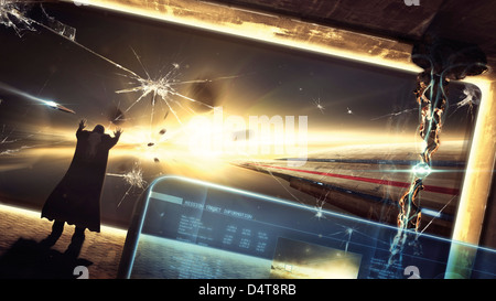 Le capitaine désespéré s'échappe d'une bataille perdue dans l'espace. Banque D'Images