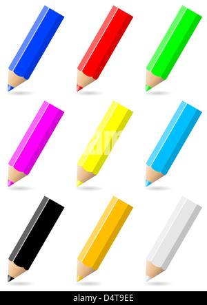Ensemble de crayons de couleur avec pointe de couleur et d'ombre sur fond blanc illustration Banque D'Images