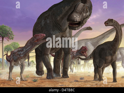 Un couple de prédateur Mapusaurus essayer d'isoler un troupeau de sauropodes. Banque D'Images