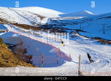 Les snowboarders et skieurs sur Burnside ski run, Cairngorm Mountain Ski Centre, par Aviemore, Parc National de Cairngorms, en Écosse, Royaume-Uni Banque D'Images