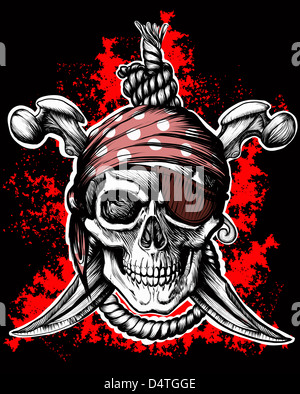 Jolly Roger, un symbole pirate avec dagues croisées et une corde sur le fond rouge et noir Banque D'Images