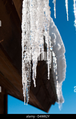 Gros plan du icycles de neige sur un toit Banque D'Images