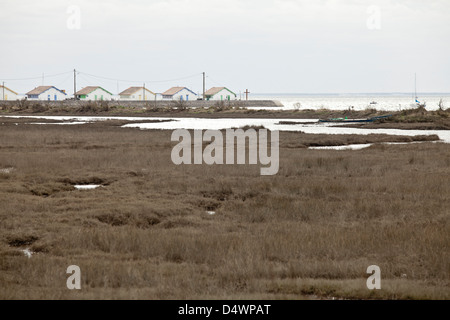 Le port ostréicole vu à travers les marais salants à Ares, Gironde, France Banque D'Images