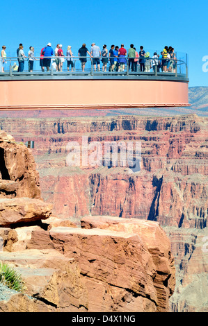 Les visiteurs regarder vers le bas au Grand Canyon à travers le plancher transparent du Skywalk, une plate-forme de verre en porte-à-faux Banque D'Images