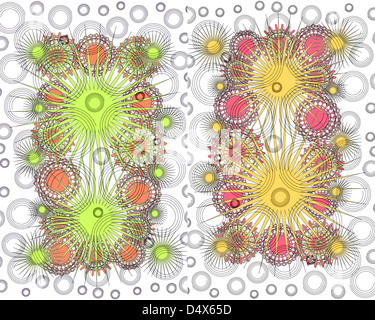 Jolies fleurs géométriques abstract design superposées avec des cercles et des lignes dans de jolies combinaisons de couleurs pour papiers peints et fonds unique. Banque D'Images