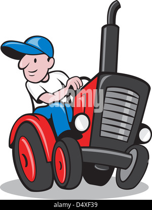 Illustration d'un travailleur agriculteur conduisant un tracteur vintage sur fond isolé fait en style cartoon. Banque D'Images