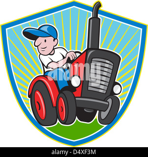 Illustration d'un travailleur agriculteur conduisant un tracteur vintage situé à l'intérieur du flasque sur fond isolé fait en style cartoon. Banque D'Images