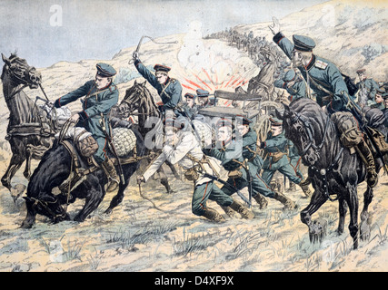 Première ou ancienne illustration de la guerre ou bataille terrestre à Manchuria entre les troupes russes et japonaises pendant la guerre russo-japonaise (août 1904) Banque D'Images