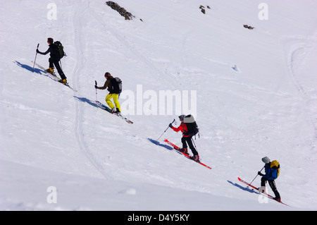 Une pente ascendante alpinistes de ski dans les Alpes de Stubai, Tirol, Autriche. Banque D'Images