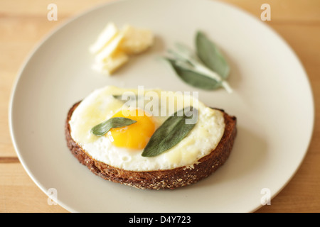 Œuf frit, de la sauge et du fromage sur des toasts. Banque D'Images