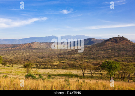 La zone du cratère dans le Parc national Queen Elizabeth, avec vue sur le massif du Ruwenzori (montagnes Ruwenzori), l'Ouganda, de Kasese. Banque D'Images