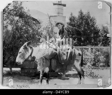 Lou Henry, première dame des États-Unis, pose sur une burro à Acton, Californie, le 22 août 1891. La photographie capture un moment en plein air avec Lou Henry portant un chapeau. Banque D'Images
