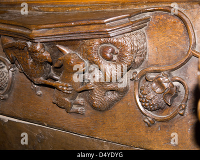 La sculpture sur bois sur sièges misericord à Ripon Cathédrale dans Yorkshire Angleterre Banque D'Images