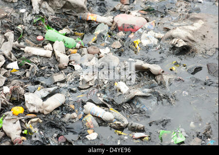 5 mars 2013 - Cap Haïtien, Haïti - le 5 mars 2013, Cap Haïtien, Haïti - une corbeille remplie de canal dans la ville de Cap-Haïtien, Haïti. Une grande partie de cette région côtière était autrefois une forêt de mangroves luxuriantes jusqu'à ce que la pression démographique a entraîné une déforestation massive, qui a à son tour conduit à une gamme de problèmes environnementaux pour Haïti. (Crédit Image : © David Snyder/ZUMAPRESS.com) Banque D'Images