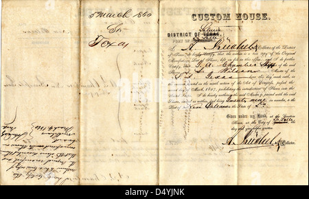 Manifeste de l'esclave de la S.S. Texas de La Salle à La Nouvelle Orléans est arrivé le 5 mars 1860 (arrière) Banque D'Images
