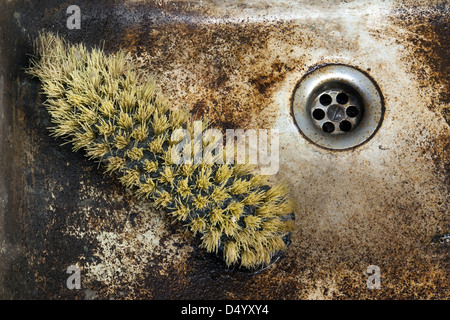 Détail tiré d'un ancien évier sale avec scrubber intérieur Banque D'Images
