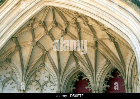 Porche d'entrée voûté et décoré en pierre de style 14ème siècle, la cathédrale de Winchester remplages, Hampshire, Angleterre Banque D'Images